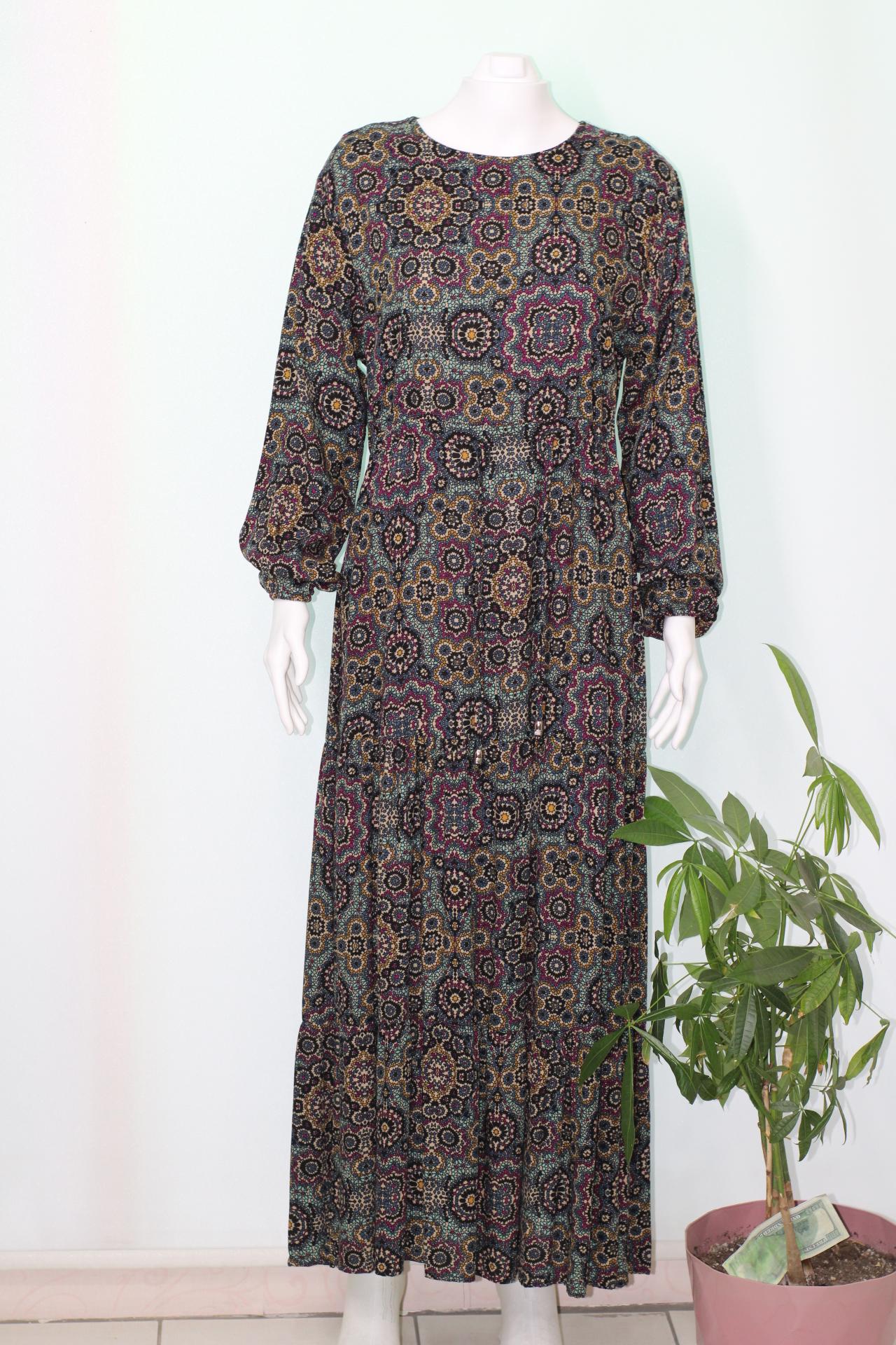 PAMUKLU VİSKON YEŞİL DESENLİ ELBİSE